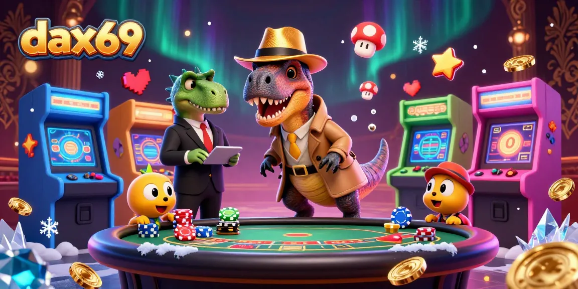 DAX69 menampilkan velociraptor penghitung kartu di meja blackjack, ditemani stegosaurus dan pencopet, dengan elemen kasino yang kaya.