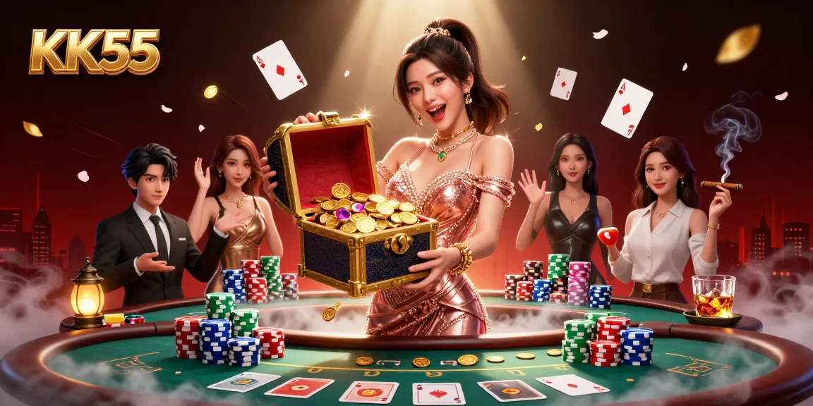 Experience the thrill of KK55 casino with a stunning treasure chest of winnings.