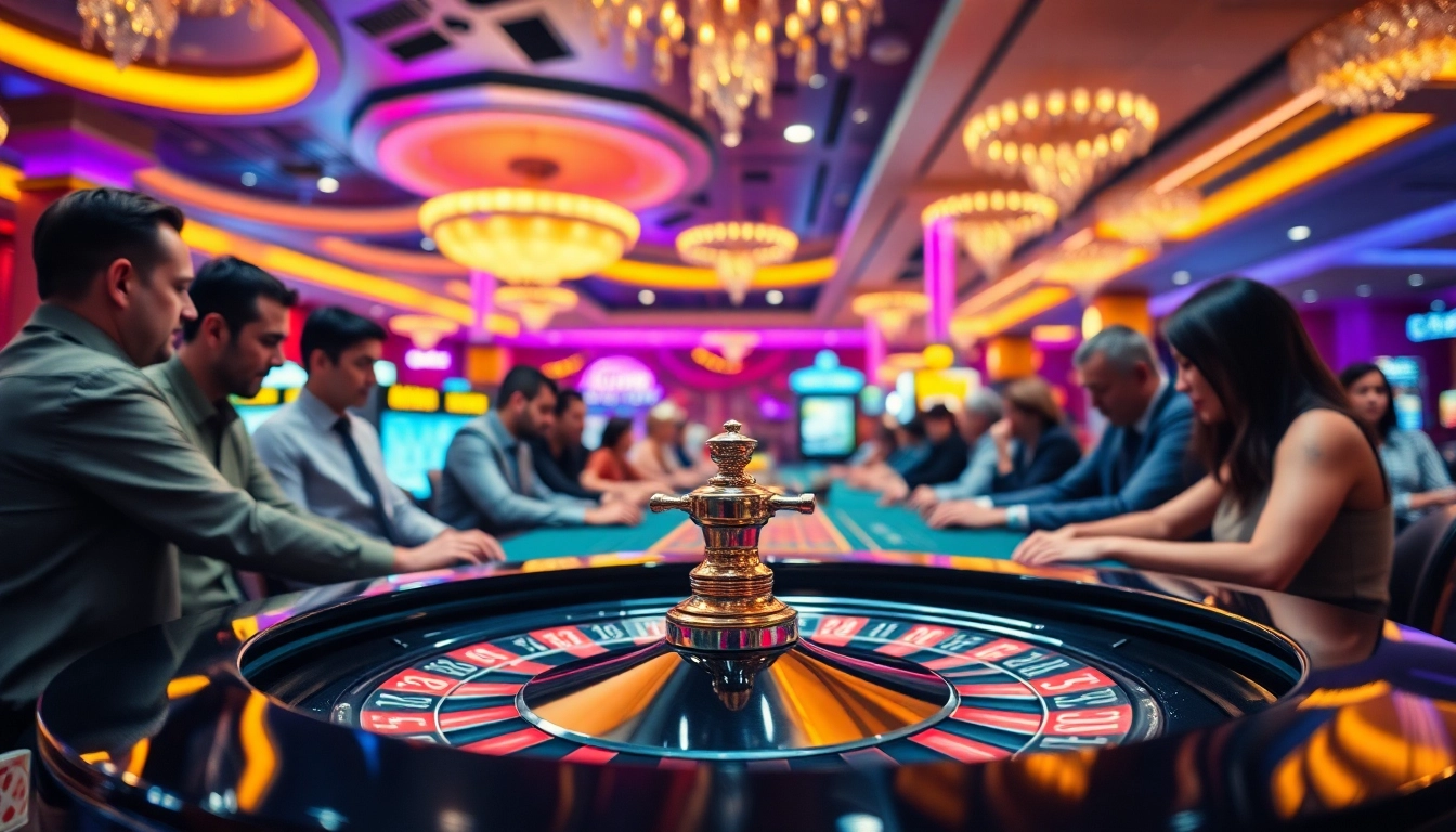 Menangkan arus hoki dengan suasana kasino yang energik dan pemain terlibat pada meja roulette.