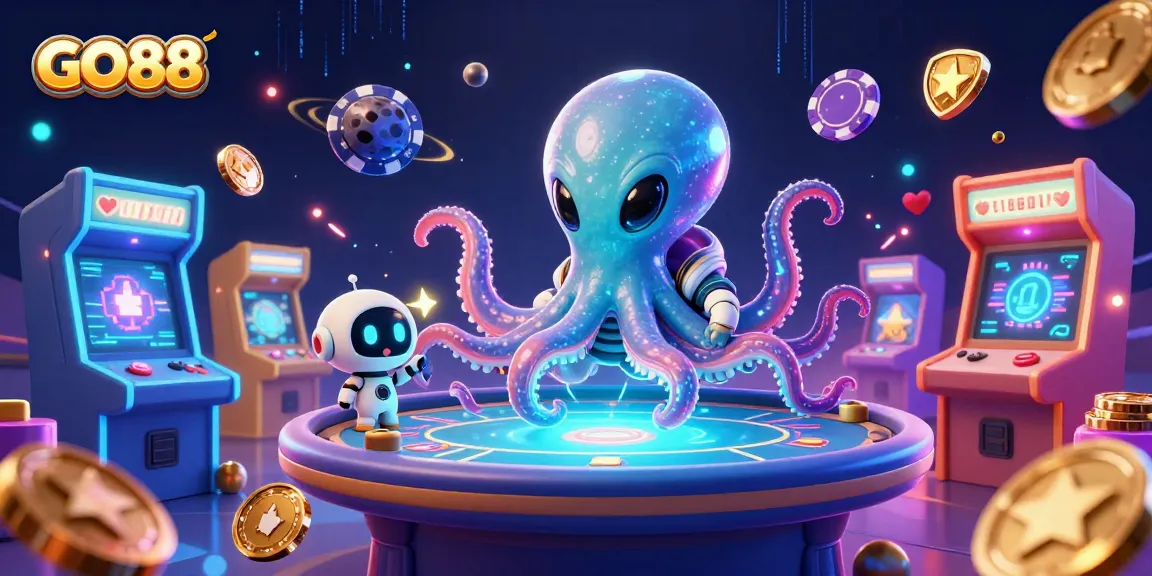 GO88 showcases thrilling gameplay with a neon-lit alien octopus at a poker table.