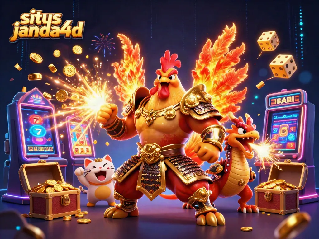 Judi situs janda4d menghadirkan pertarungan kartun angsa berwarna emas dan naga, menyerupai suasana kasino yang seru.