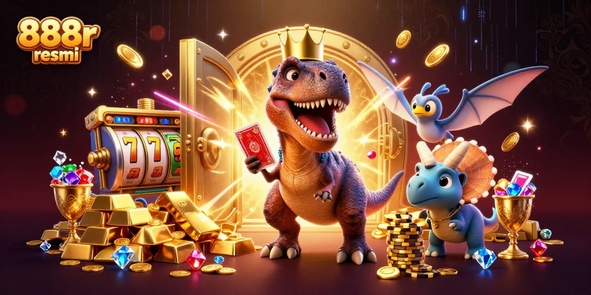 Engage in thrilling casino fun with 888r resmi while the T-Rex shuffles cards amidst sparkling treasures.