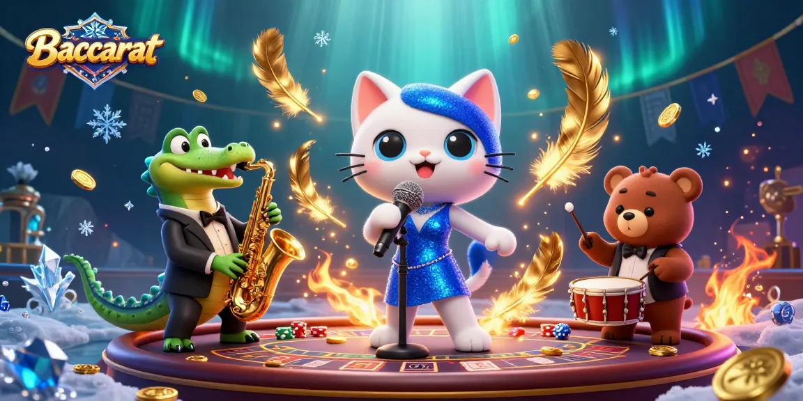 Baccarat scene featuring a jazz-singer cat, saxophonist crocodile, and drummer bear cub performing on a lively casino stage.