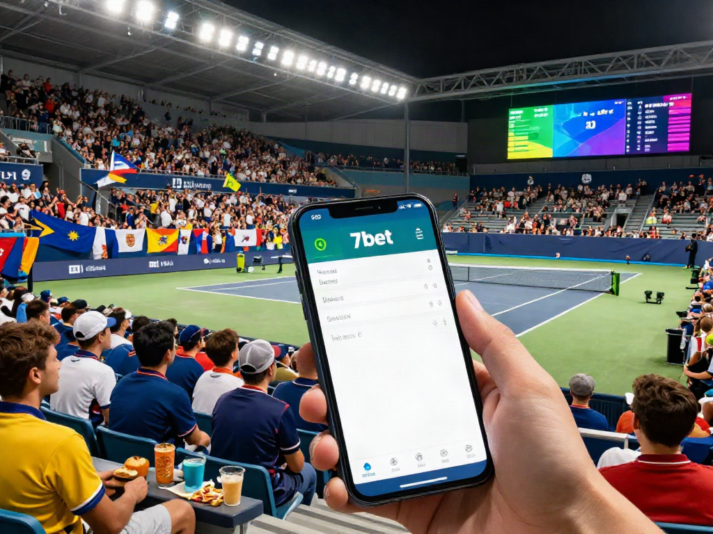 Excited fans engaged in live tennis betting with the 7bet app during a match, showcasing vibrant atmosphere.