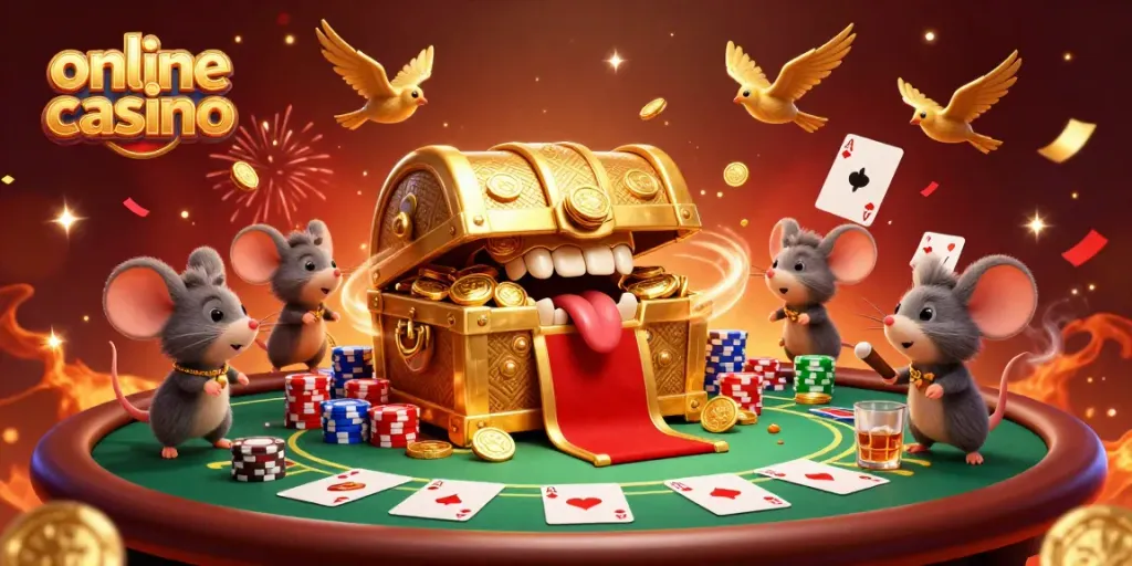 Experience winning moments at this online casino with golden treasure, poker chips, and dynamic action.