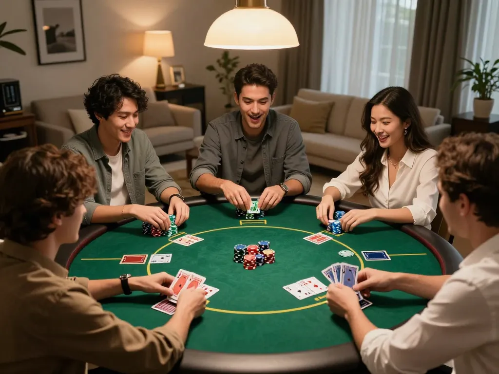 Alev poker night at home with friends displaying excitement and strategy in card game.