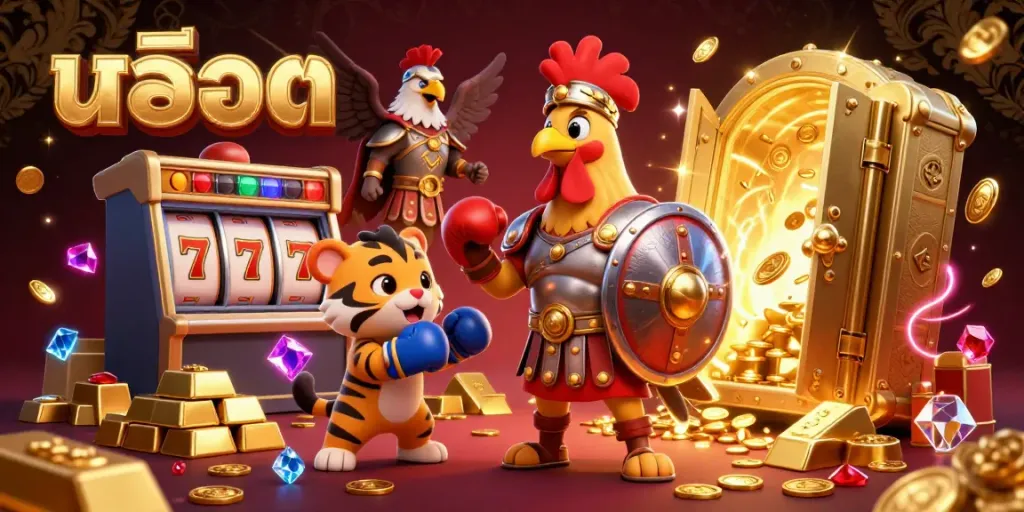 Experience the excitement of สล็อต gameplay with a 3D gladiator rooster, jackpot elements, and treasures across a vibrant casino.