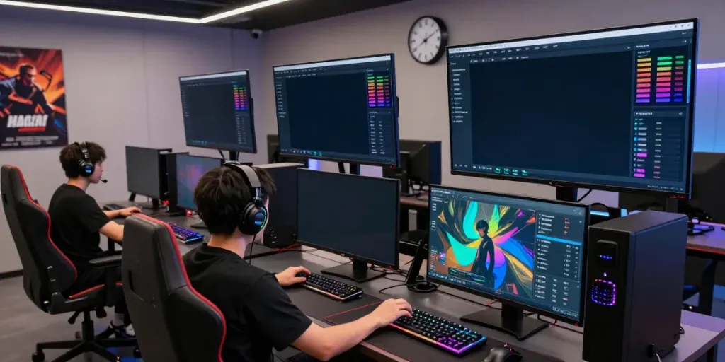 Dynamic gaming studio showcasing Singatoto's online gaming platform with a player using advanced technology.