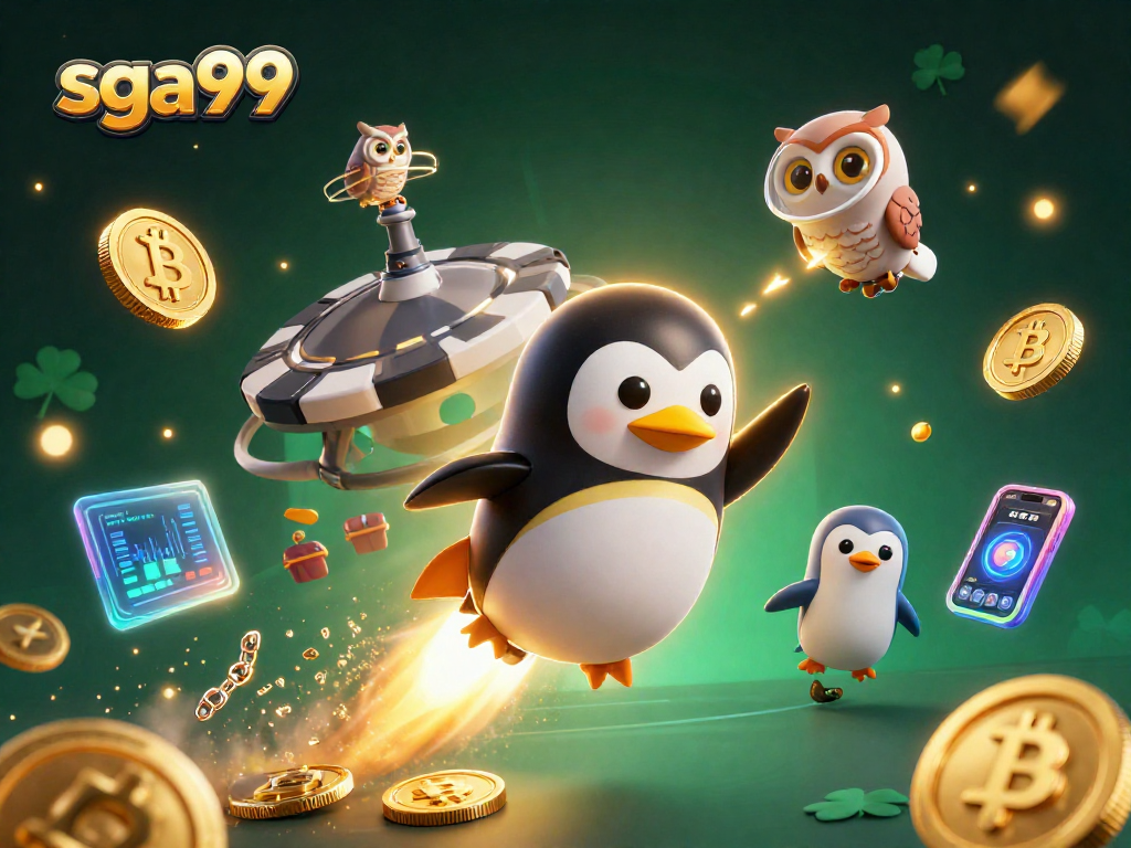 Play thrilling games with sga99's vibrant golden penguin and casino-themed elements in space.