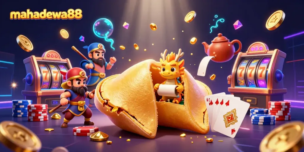 Engage with mahadewa88's vibrant 3D casino scene featuring lucky symbols and gold treasures.