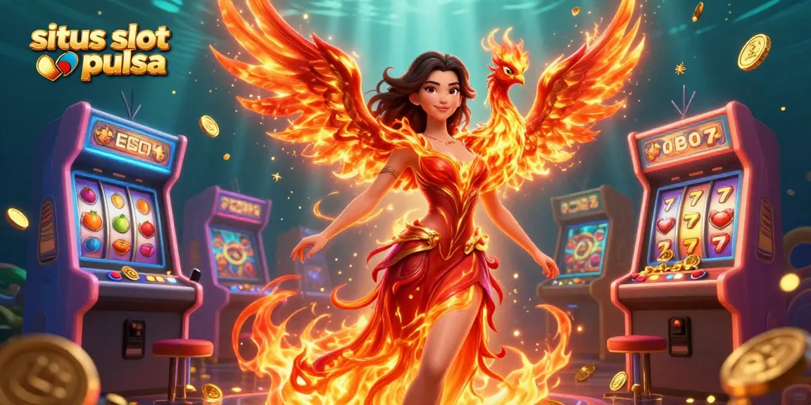 Ilustrasi situs slot pulsa yang menampilkan seorang wanita Asia dengan gaun berapi, dikelilingi oleh elemen permainan slot dan phoenix yang bersinar.