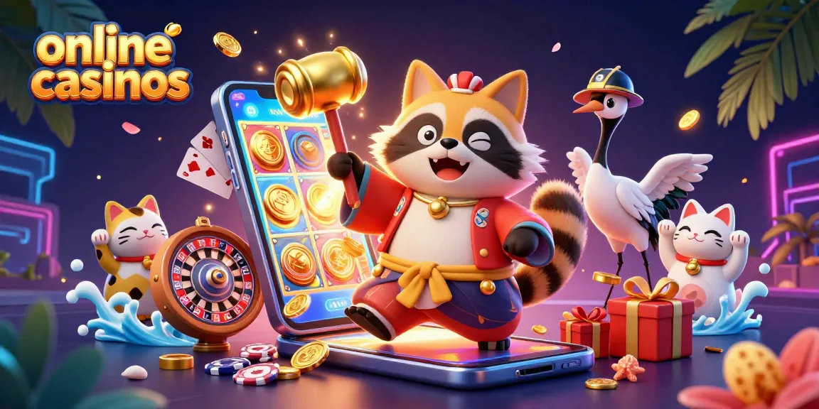 Experience exciting online casinos with a cheerful tanuki and vibrant game elements in a dynamic scene.