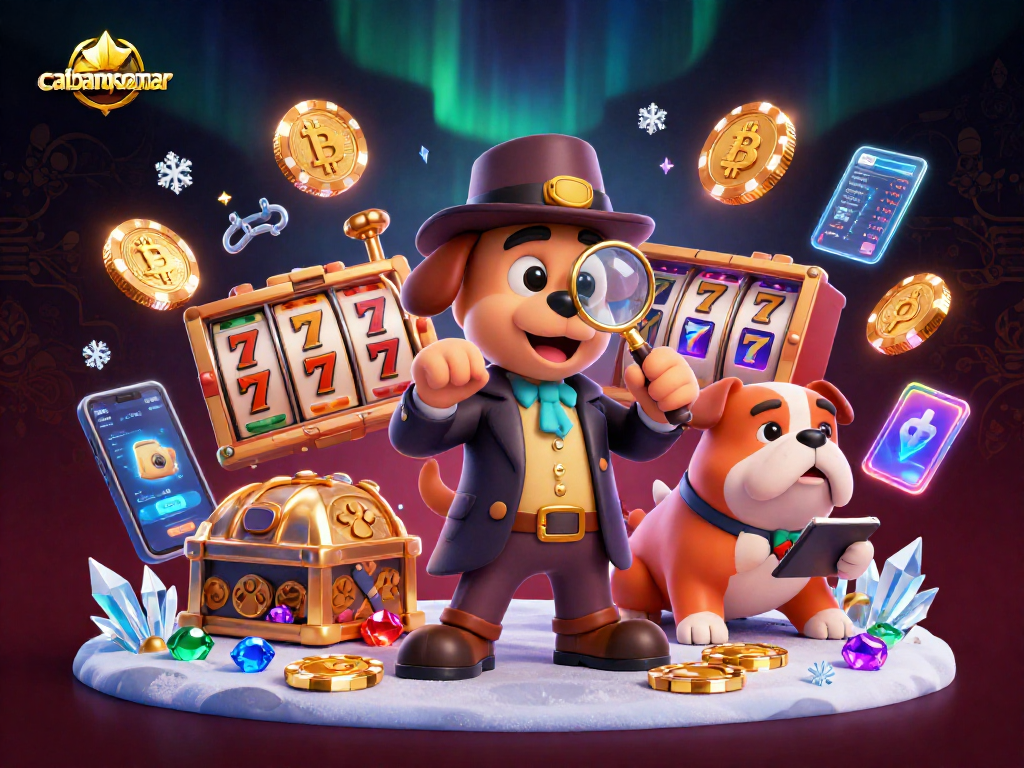 Permainan slot di cabangsemar dengan detektif dan teman bulldog meneliti chip poker emas.