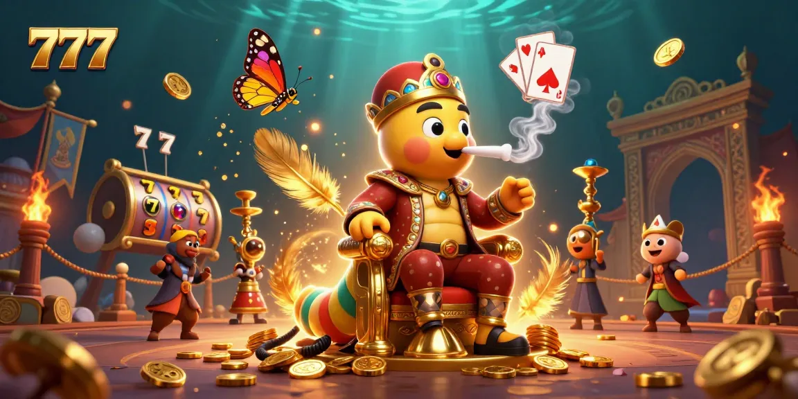 Engage in thrilling gameplay with 777 slot elements and a caterpillar hookah-master at UFO777, celebrating online gaming.