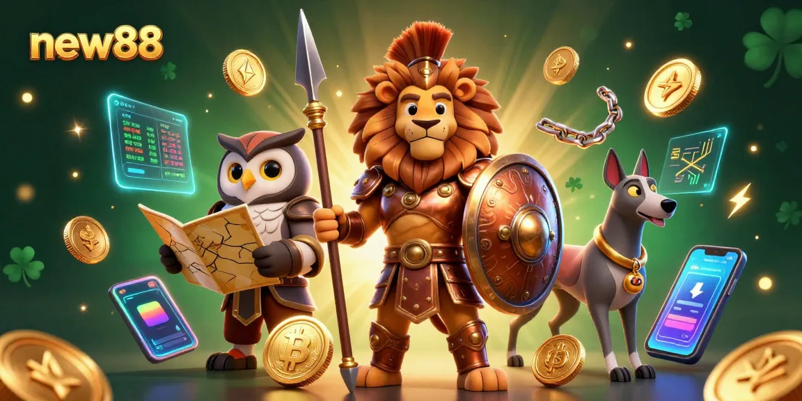 Engage with new88's immersive casino experience featuring a lion, owl, and greyhound surrounded by crypto elements.