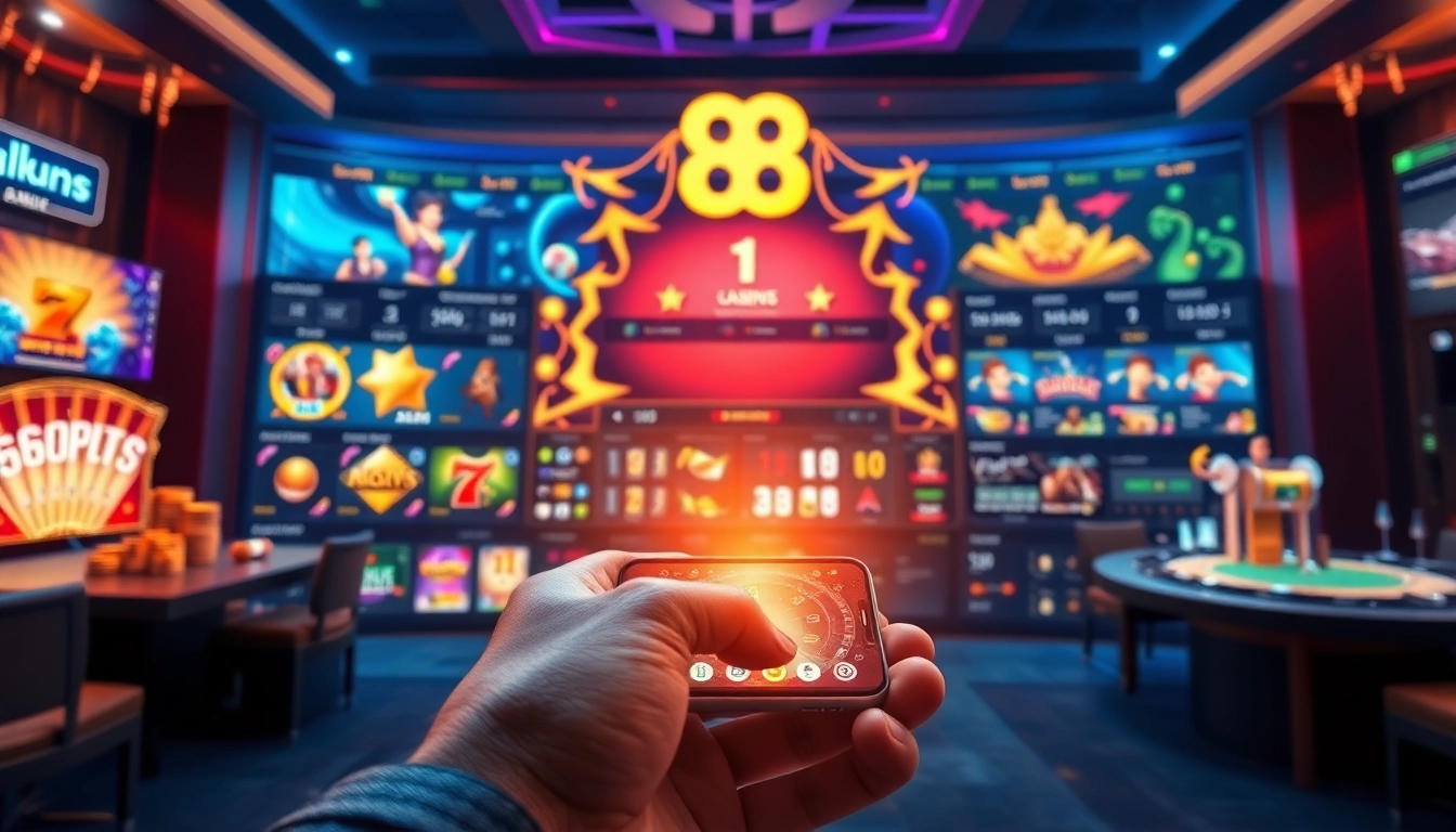 Engaging online gambling scene featuring nhà cái 8s showcasing slots, poker, and sports betting in a luxurious atmosphere.