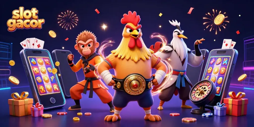 Experience the excitement of slot gacor through this dynamic 3D illustration featuring unique characters and casino elements.