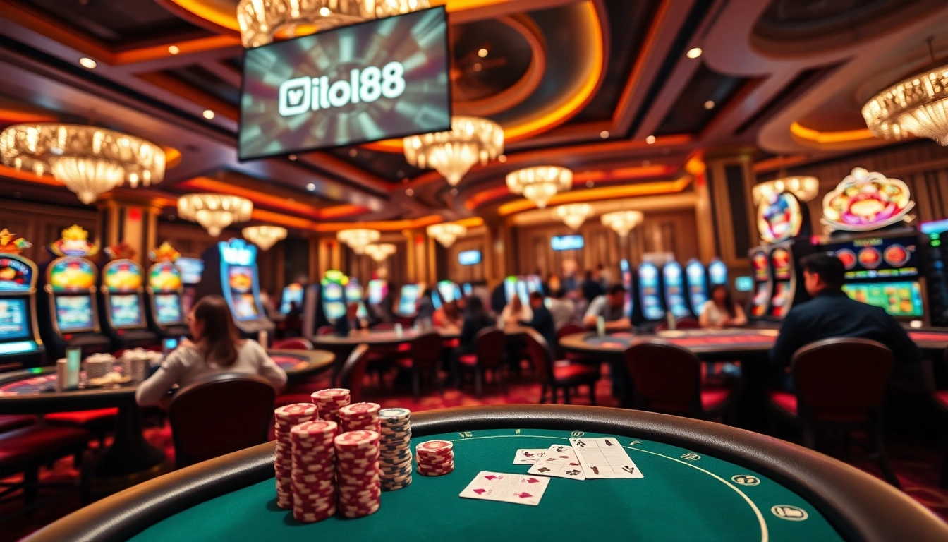 Hello88 vibrantly illustrated casino scene with players engaging at poker tables and roulette wheels.