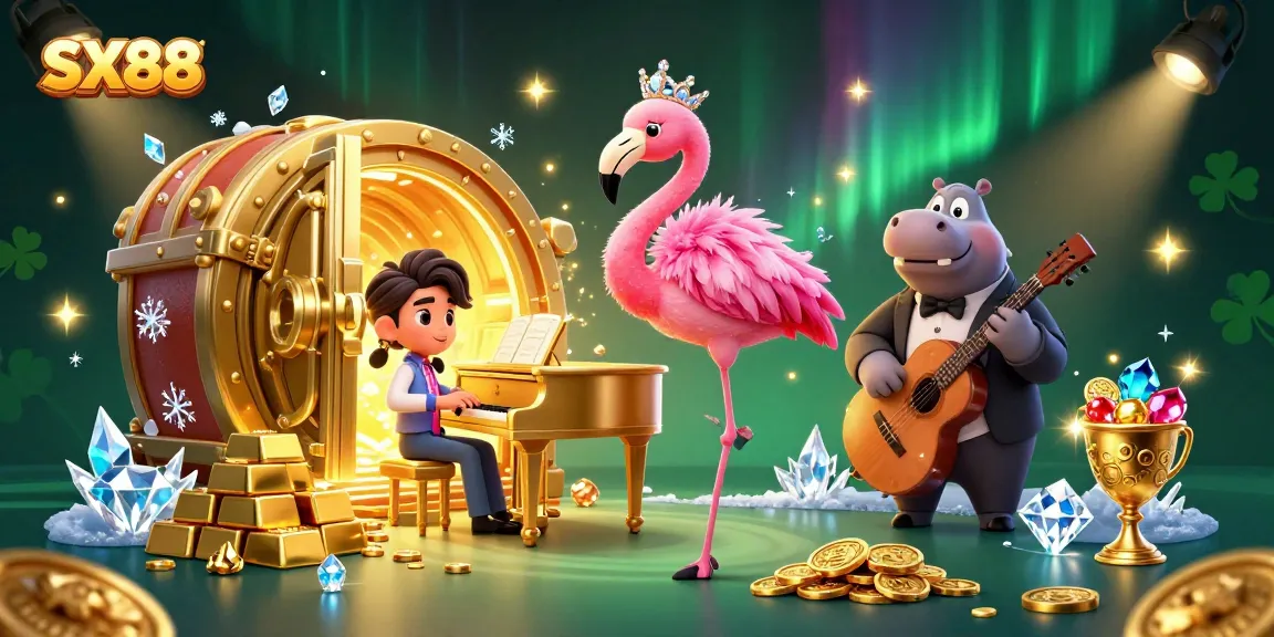 SX88 casino illustration showing lively characters amidst piles of treasures and vibrant lighting effects.