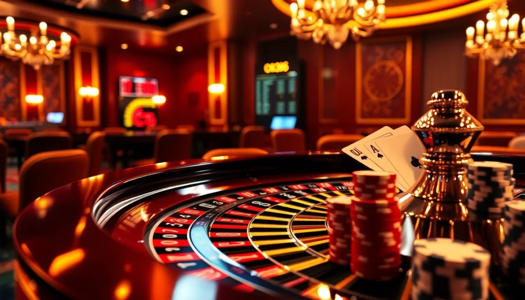The exhilarating casino scene showcasing OK8386 with roulette, poker chips, and cards capturing thrilling bets.