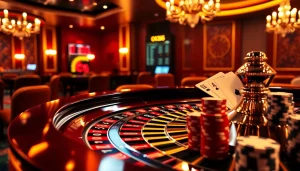 The exhilarating casino scene showcasing OK8386 with roulette, poker chips, and cards capturing thrilling bets.
