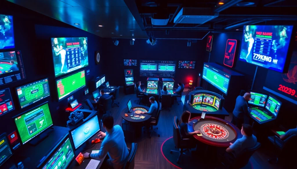 Exciting gaming atmosphere at 79king hn, showcasing live sports betting and digital interfaces.