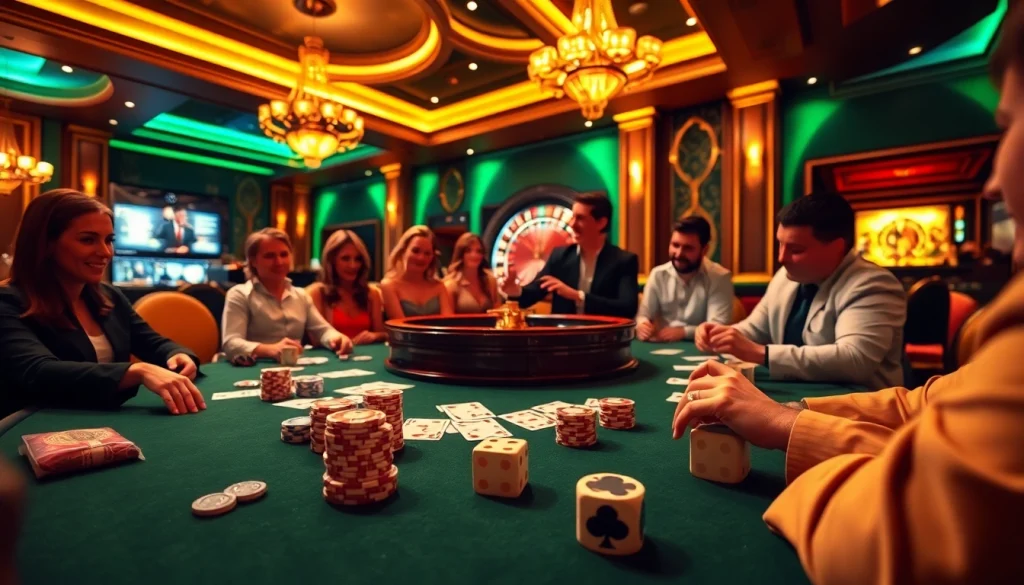 Players enjoy thrilling moments at XX88 casino tables with vibrant ambiance and luxurious elements.