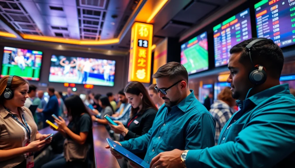 Engage in online Betting with a professional sportsbook atmosphere showcasing diverse bettors.