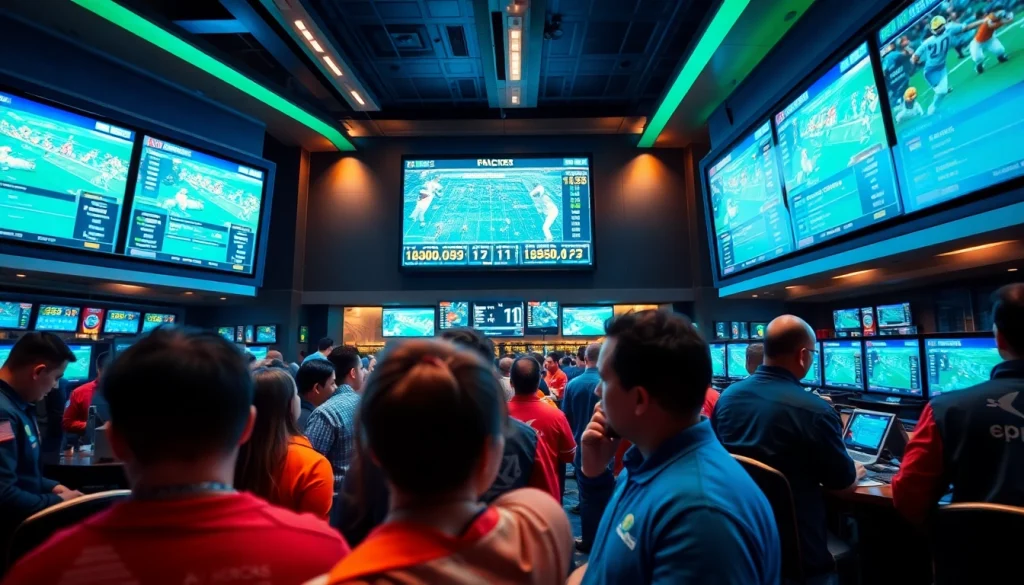 Experience the thrill of Sports Betting in a lively sportsbook filled with excited bettors.