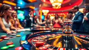 Engaged players at a casino roulette table, enjoying a lively gaming experience.