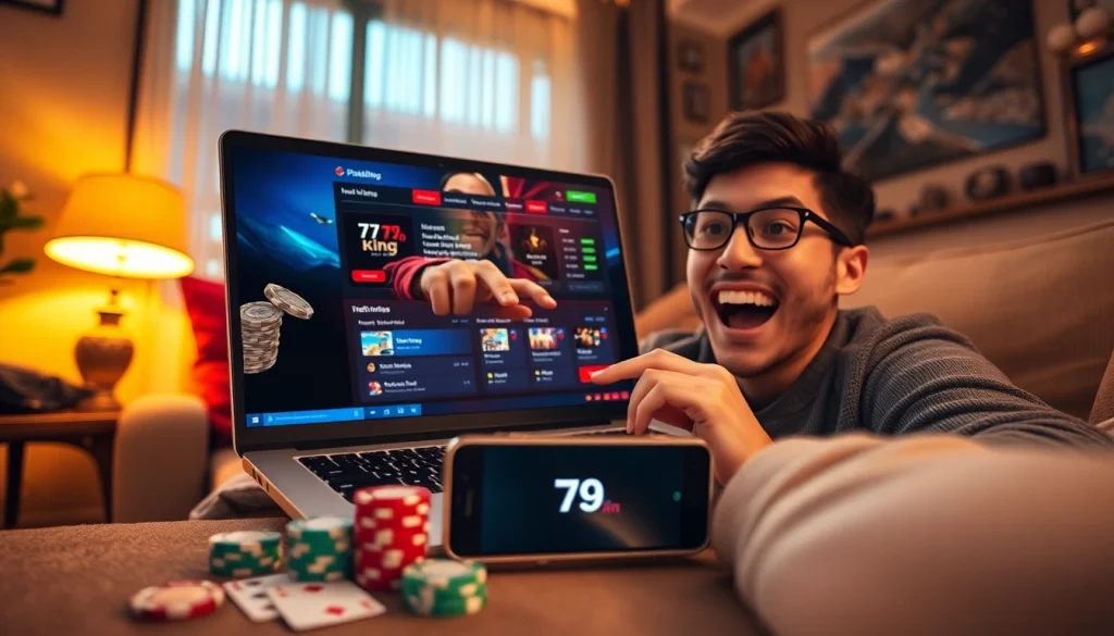 Exciting online gambling scene featuring 79king hn on a laptop, joyful player interaction.