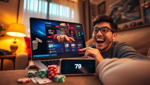 Exciting online gambling scene featuring 79king hn on a laptop, joyful player interaction.