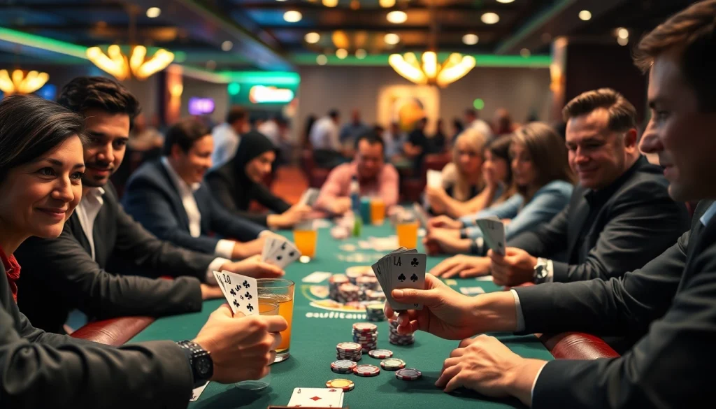 Engaged players in an exciting poker game at a casino table, showcasing classic gameplay.