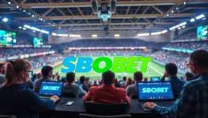 Taruhan SBOBET di arena olahraga dengan penjudi bersemangat dan logo mencolok.