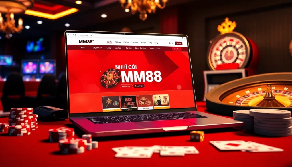 Playing cards and poker chips at a modern gaming desk showcasing NHÀ CÁI MM88.