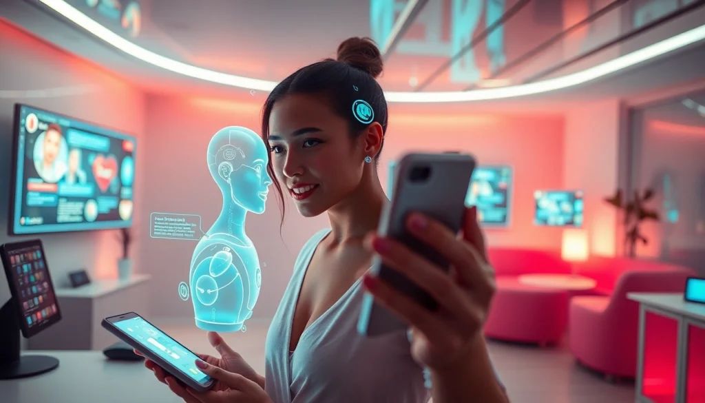 Interactive scene of users engaging in sex ai chat with digital AI characters in a modern setting.