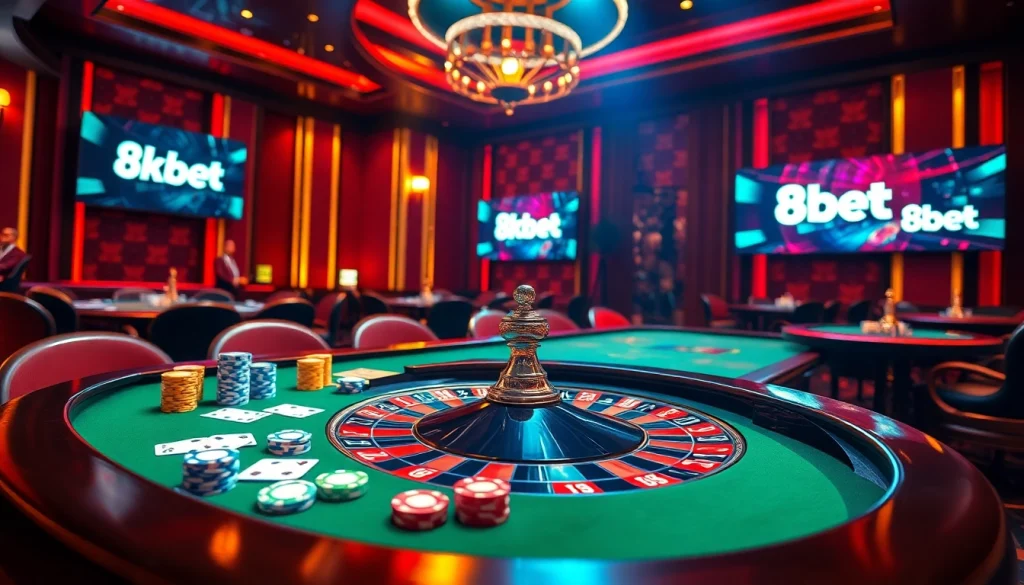 Players enjoying an exciting game at 8kbet casino table with vibrant poker chips and roulette.