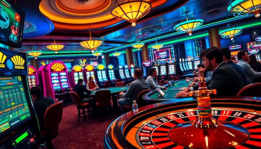 Exciting casino gaming at https://impactxoft.com with poker tables, roulette wheels, and vibrant slot machines.