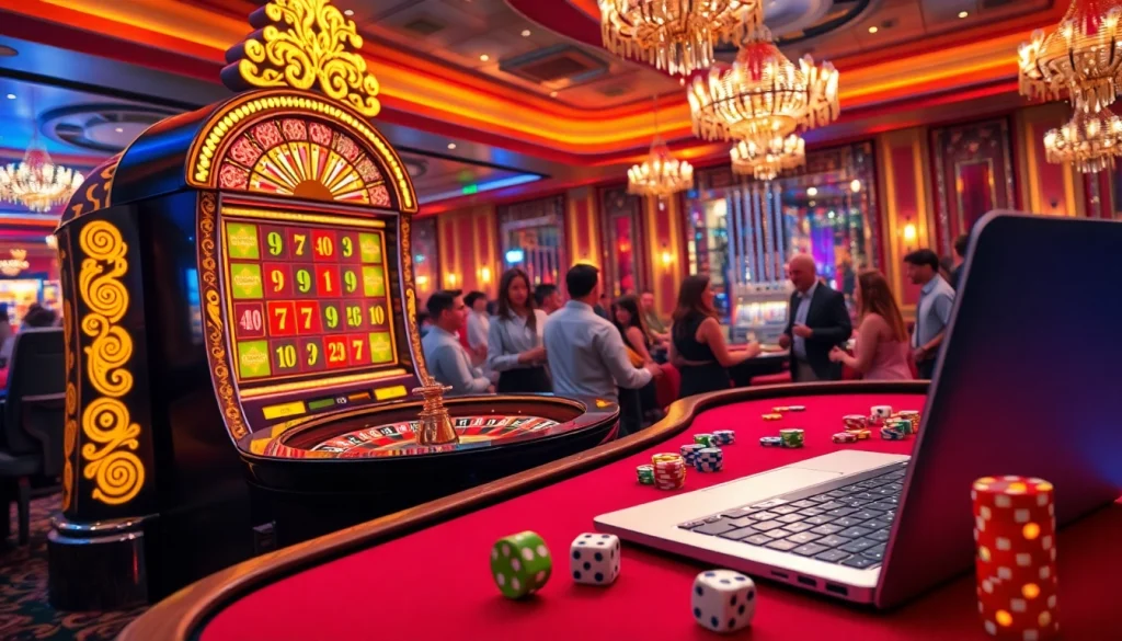 Experience the thrill of birutoto gaming at a glamorous casino with vibrant slot machines and enthusiastic players.
