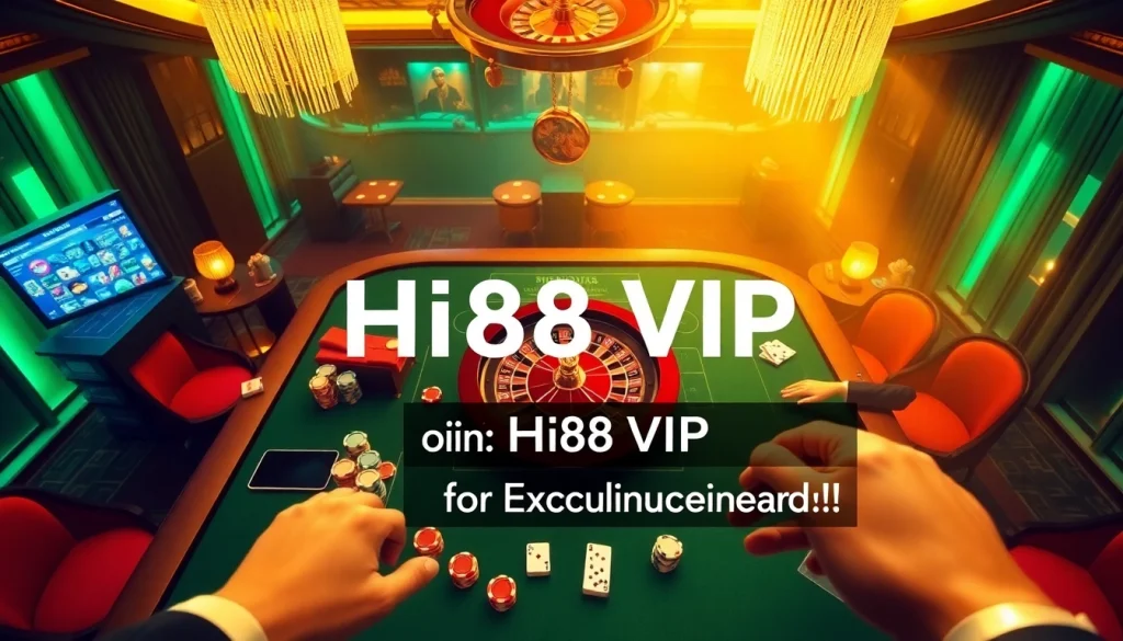 Experience thrilling gaming action with Hi88 VIP at a luxurious casino table, complete with poker chips and cards.