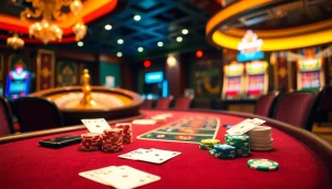 A thrilling scene of Nhà Cái BJ888 featuring a poker table, vibrant chips, and a roulette wheel.