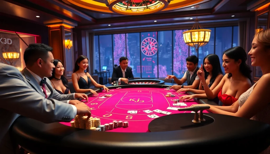KJC poker table scene with excited players and vibrant betting chips at a luxurious casino.