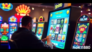 Exciting online gaming experience with hoki138 logo, colorful slot machines, and vibrant user interface.