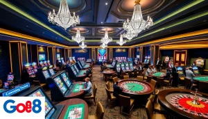 Experience engaging gaming at Go8.com, featuring vibrant tables and players enjoying luxury.