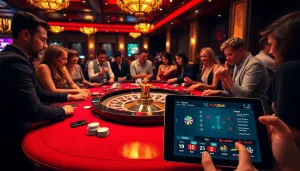 Exciting casino scene showcasing "ink vao 12bet" for mobile betting with players at a roulette table.