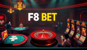 Engaging with F8 BET on a vibrant online casino interface showcasing poker and slots.