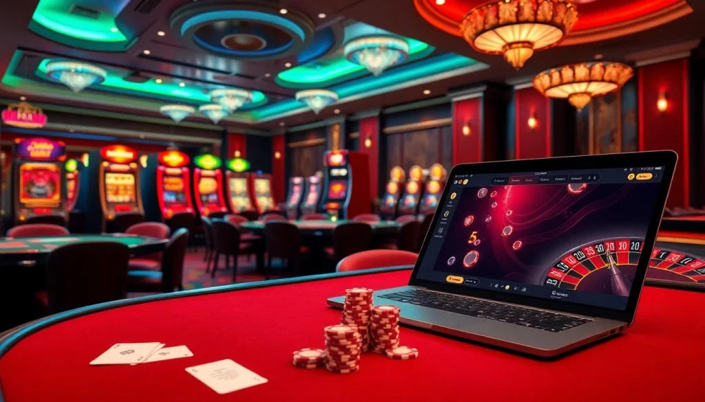 High-energy gambling scene highlighting https://mm88.bar/ with casino tables, slot machines, and roulette wheel.