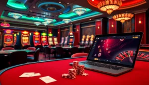 High-energy gambling scene highlighting https://mm88.bar/ with casino tables, slot machines, and roulette wheel.