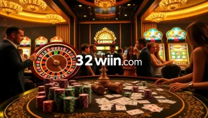 Experience the thrill of gambling at 32win com with colorful chips and an exciting roulette game.