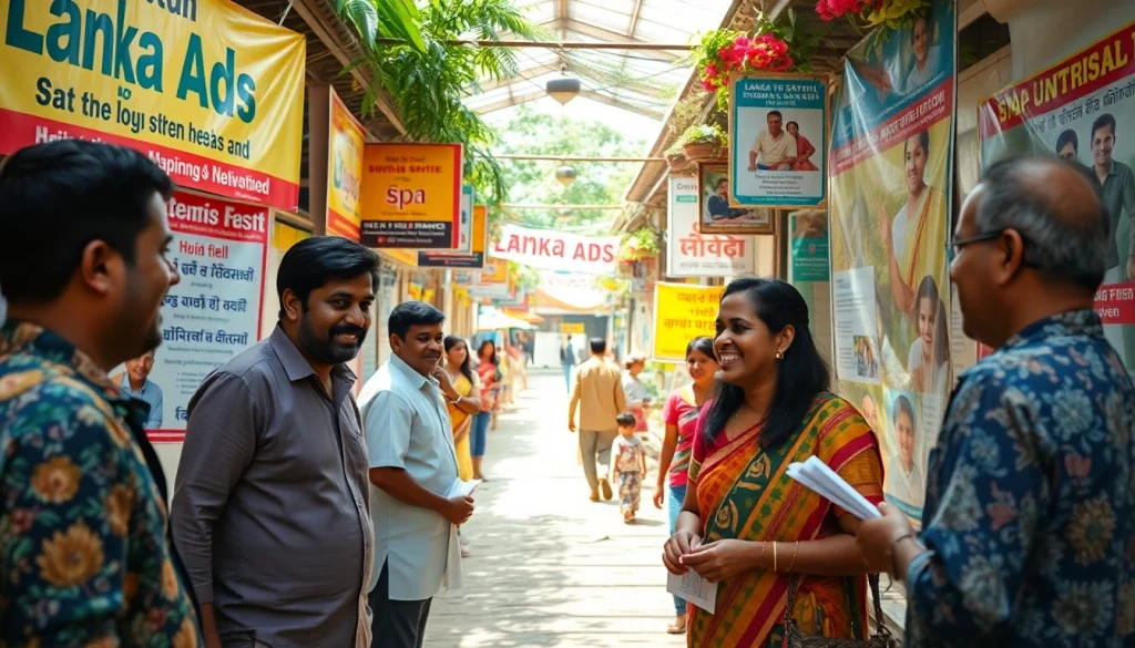 Engaging community interaction highlighting Lanka Ads within a vibrant Sri Lankan market.